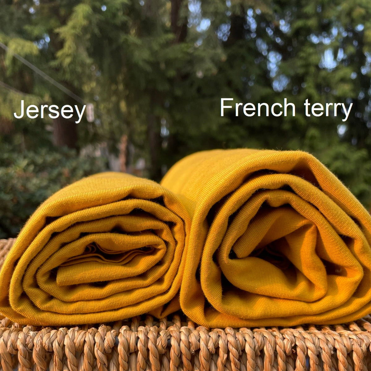 bamboo cotton yellow fabric labeled 'Jersey' and 'French terry' 